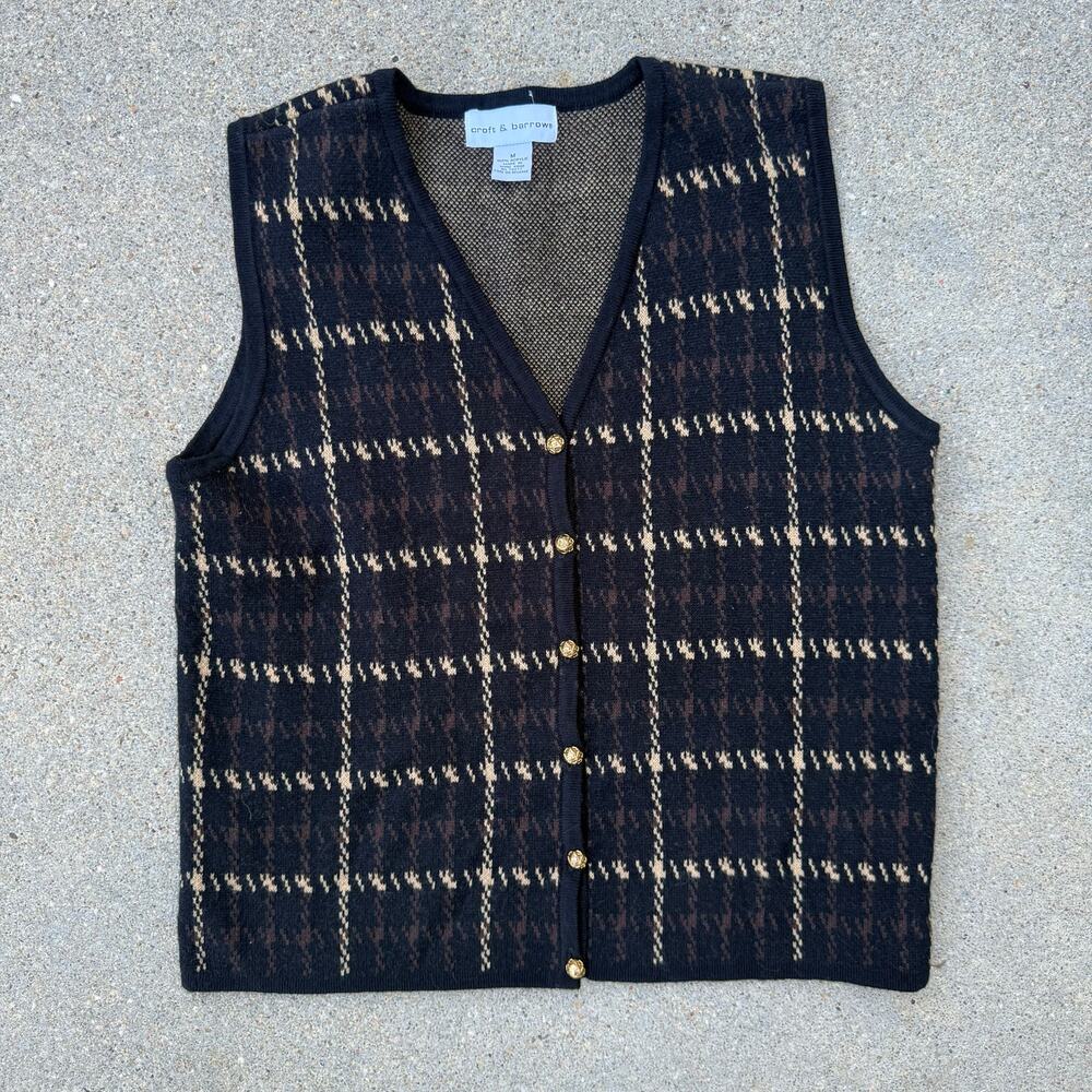 Y2K Croft & Barrow Houndstooth Dark Moody Black Gold Plaid Sweater Vest MEDIUM